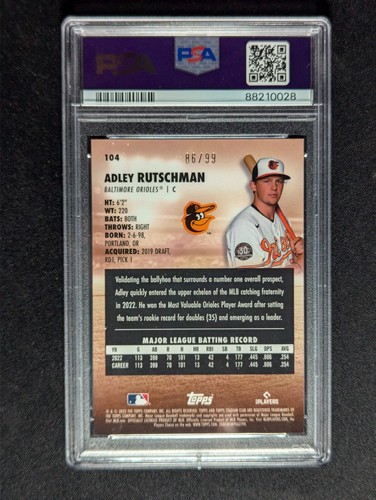 2023 Topps Stadium Club #104 Adley Rutschman arancione cromato #/99 RC Rookie PSA 10 - Foto 2 di 2