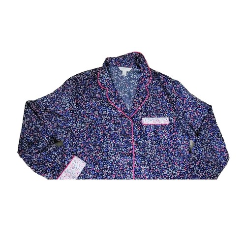 Charter Club marineblau Blumenmuster Knopfleiste Langarm Satin Pyjama Oberteil Akzent Manschette Sm - Bild 8 von 8