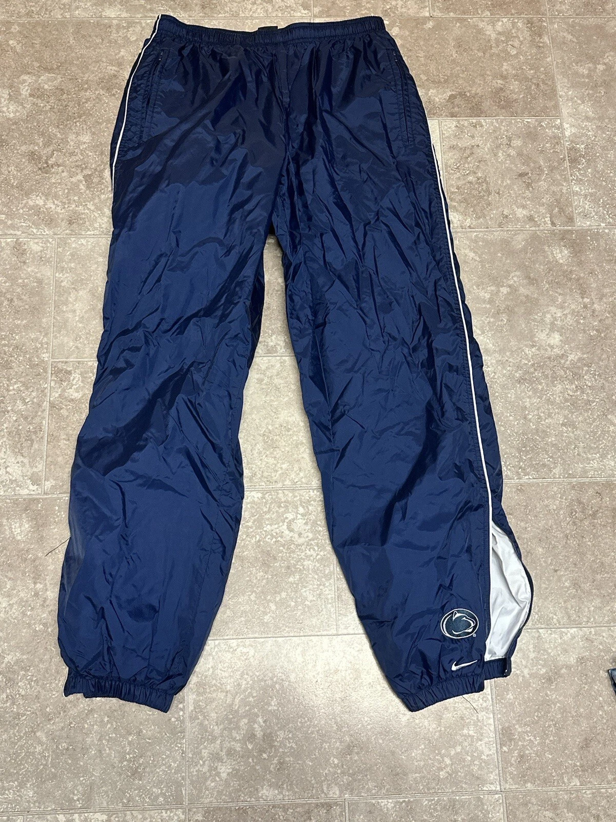 Vintage Nike Penn State Track Pants Swoosh Zip Ankle Baggy Mens L Navy Blue 90s