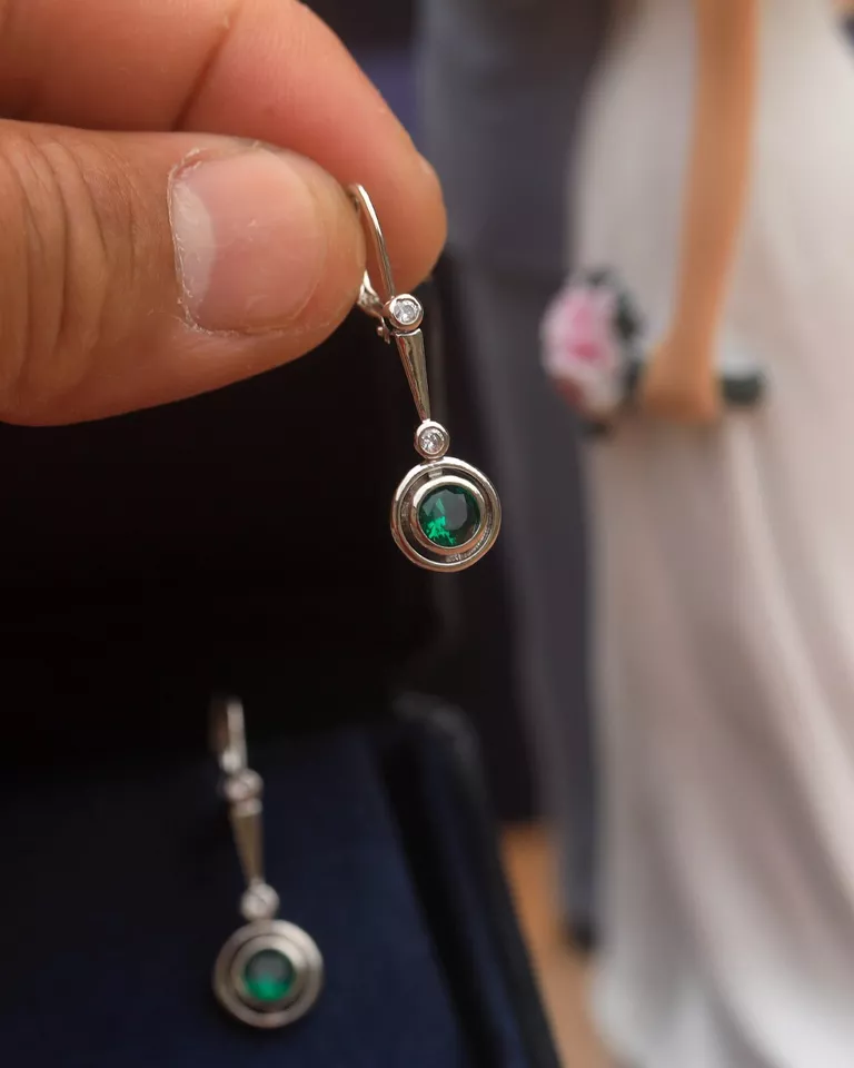 Ohrringe Schlafend Silber Antik Art Deco Rund CZ Grün Fein SC1 - Bild 3 von 4