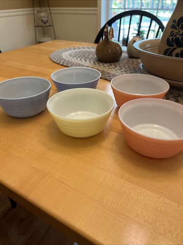 Set Of 5 Hazel Atlas MODERNTONE Platonite Cereal Bowls Pastel Blue, Pink, Yellow - Bild 2 von 5