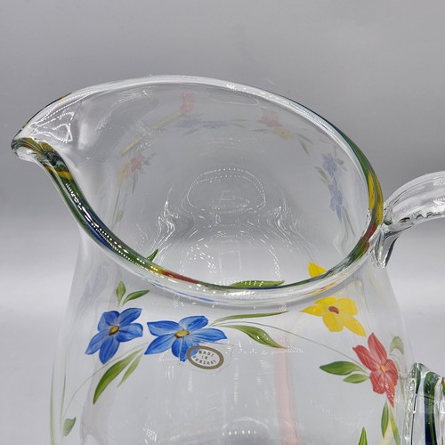 Brocca da tavolo succo in vetro floreale 8,5" dipinta a mano in Ungheria vintage decorazione cottage - Foto 4 di 13