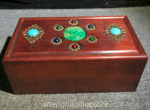 8.8" Old Chinese Huali Wood Inlay Green Jade Gem Carved Rectangle Jewelry Box - Picture 5 of 9