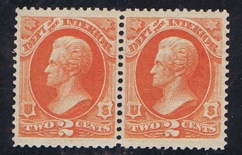 US O16 DEPT OF INTERIOR MNH HORIZONTAL PAIR ORANGE 2c, 1873