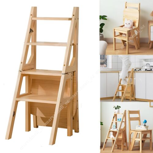 4in1Wooden Folding Library Ladder Chair Multifunctional Step Stool Display Stand - Picture 5 of 12