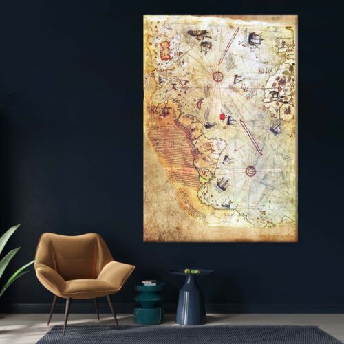 Die Piri Reis Karte, Vintage Weltkarte Kunst, antiker Leinwanddruck, fertig zum Aufhängen - Bild 3 von 6