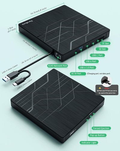 Super External CD DVD Drive, with Ethernet Adapter, 3 USB and 2 TF/SD Card Ports - Afbeelding 7 van 9