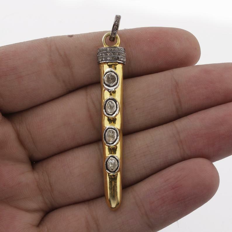 Pave Diamond Rosecut Polki Spike Charm Pendant Silver Sterling Fine Jewelry YG Nowa niska cena