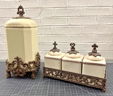 Proven G G COLLECTION Brown Beige Ceramic 4 Canister Base Metal Acanthus