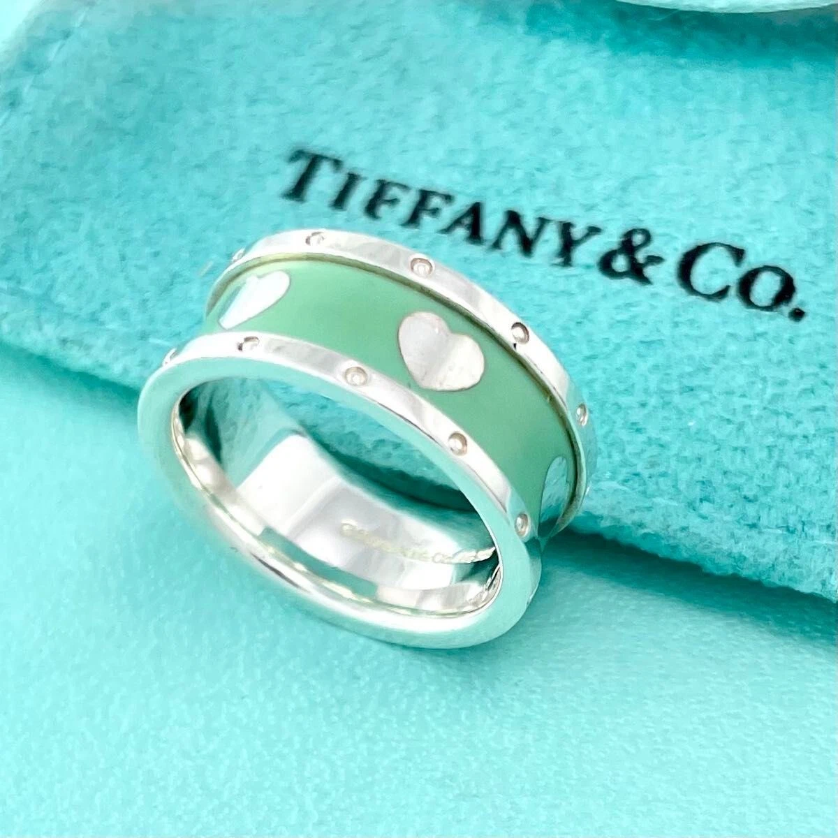 Authentic Tiffany & Co. 1837 Blue Enamel Heart Band Ring "5 925 Ln18fe