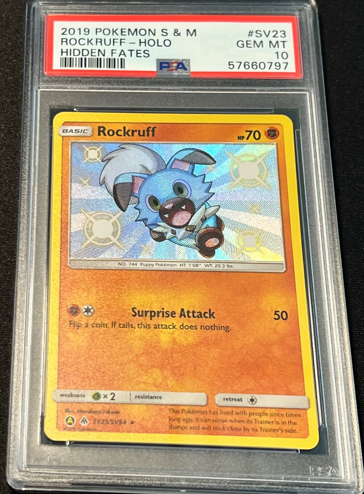 2019 Pokemon S & M Hidden Fates Rockruff SV23 Shining Holo GEM MINT PSA 10