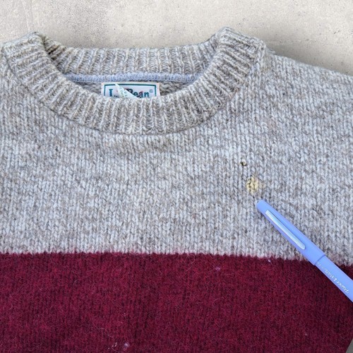 Vtg LL Bean Wool Blend Mens Sweater Large Striped Cream Knit Crewneck FLAW - Picture 10 of 14