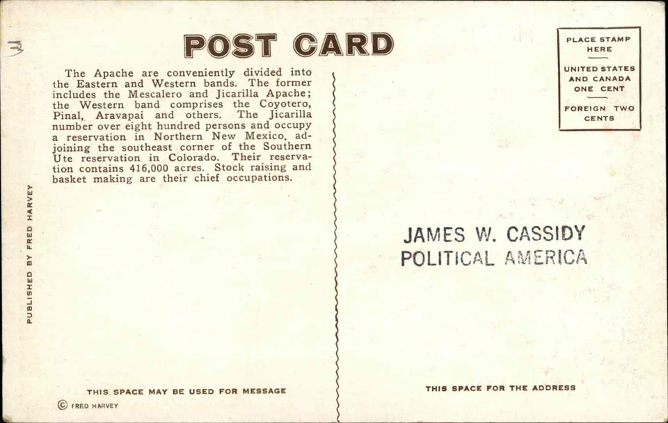 Postal nativa india búfalo becerro jicarilla apache Fred Harvey H2692 Foto 2 de 2