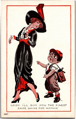 Shoe Shine Boy, Free Shine For Lady in Split Skirt Vintage Postcard Q21 