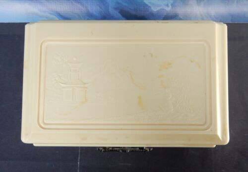 Portagioie vintage asiatico celluloide bachelite beige manici drago nero in rilievo - Foto 2 di 10