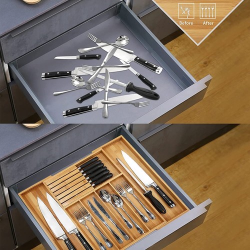 Bambus Silberbesteck Schublade Organizer Küche, Erweiterbar Utensilienhalter und Besteck - Bild 3 von 4