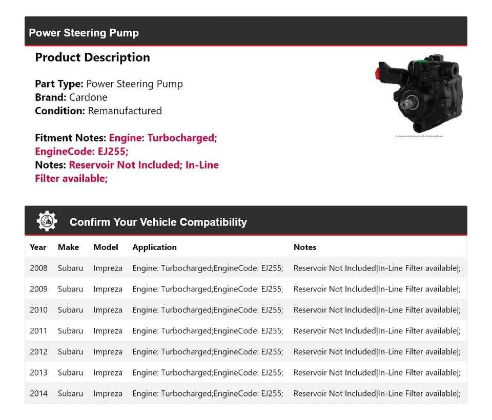 Bomba de dirección asistida turboalimentada Cardone 2009 2010 para Subaru Impreza 2008-2014 Foto 2 de 4