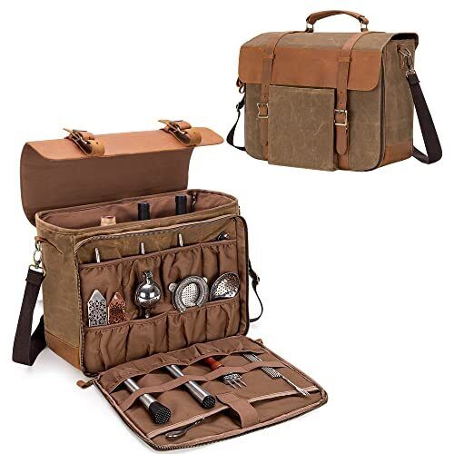 Portable Bartender Bag for Bar Kits, Vintage Genuine Leather Waxed Canvas - Picture 2 of 8
