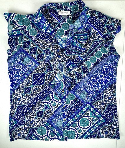 Calvin Klein Women's Blue Geo Flutter Short Sleeve V Neck Blouse Top Size PM - Picture 7 of 12