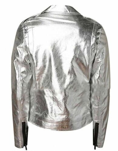 Men's Silver Metallic Lambskin Leather Style Belted Biker Motorcycle Jacket - Picture 2 of 4