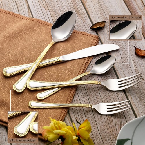 Besteckkasten Holz Besteckset 75 tlg12 Personen Edelstahl Bicolor Gold Mäander - Bild 7 von 12