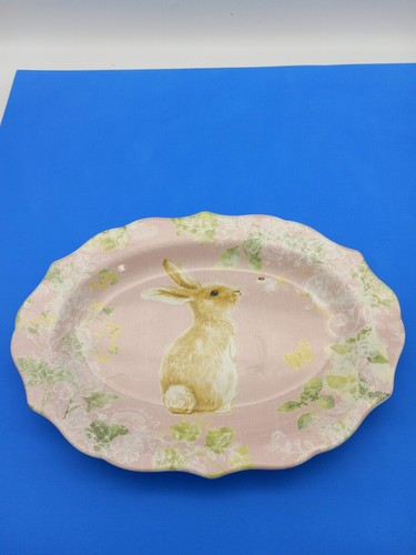 222 FIFTH CELIA BURLAP Easter Spring Bunny Rabbit Floral Serving Platter - Picture 2 of 6