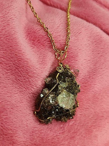 Smoky Quartz Druzy Cluster Wire Wrapped Pendant 24 inch Gold Plated Chain - Picture 5 of 10