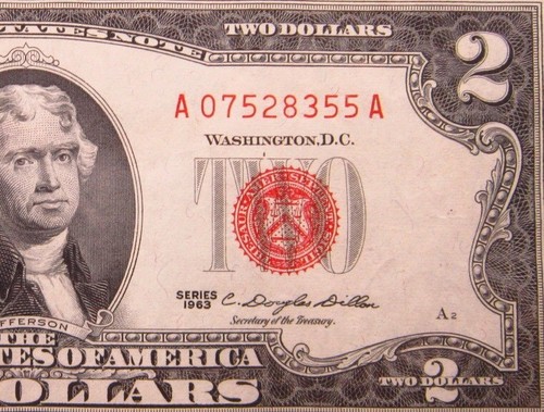 USA $2 1963 A07528355A # UNITED STATES Note RED Seal Jefferson Dollars Money - Picture 3 of 3