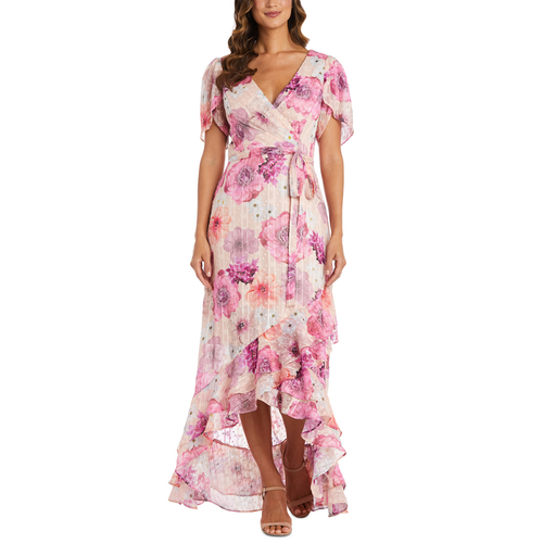 Nightway Womens Floral Ruffled Flutter Sleeve Faux Wrap High-Low Long Dress Sz 4 - 第 5/6 張圖片