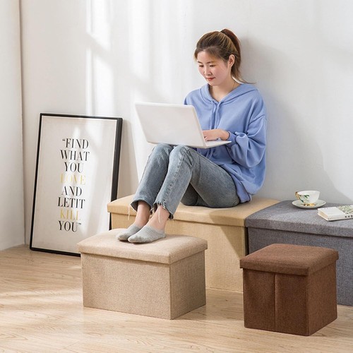 Stool with Storage Bench Seat Chest Storage Box Linen Folding - Picture 5 of 22