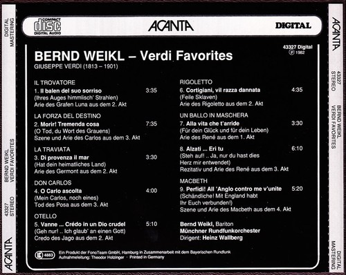 Bernd Weikl Verdi Favorites CD West German Import - Acanta 43327 (1988) - Picture 2 of 3