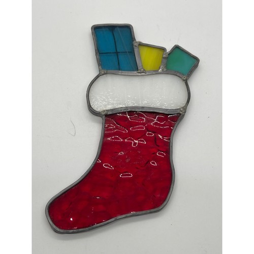 Stained Glass Christmas Stocking Ornament Ready to Hang 6.25" tall