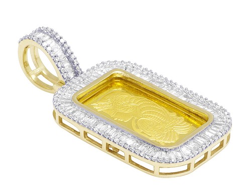 Men 24K Yellow Gold Lady Fortuna Bar Real Diamond Baguette Pendant 1.5" 0.93C... - Picture 2 of 5