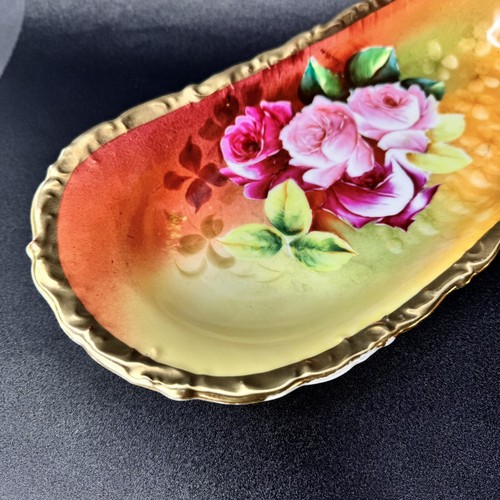 Antique Schumann American Beauty Hand Painted Roses Oval Bowl Centerpiece Gold - Picture 2 of 14