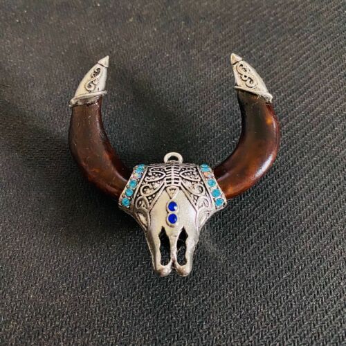 Ciondolo antico osso intagliato corno lungo bestiame testa di bufalo collana ciondolo gioielli - Foto 3 di 4