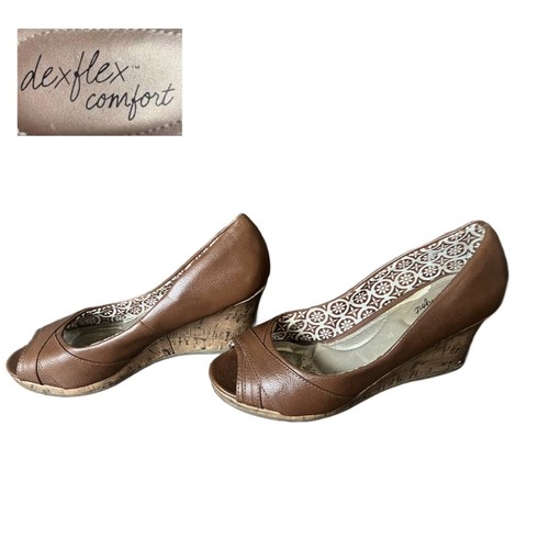 Dex Flex Brown Comfort Open Toe Wedge Size 6 - Picture 2 of 8