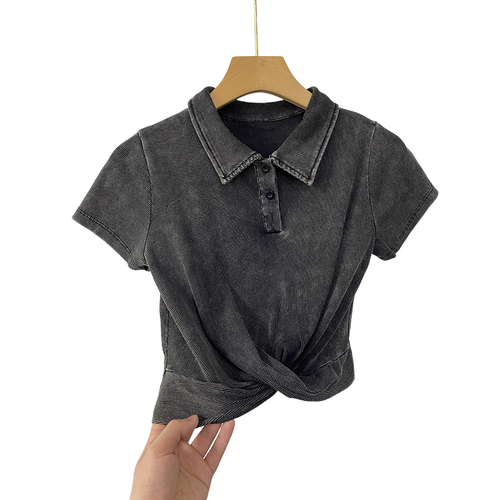 Retro gewaschenes Kurzarm T-Shirt für Damen, Slim Fit und kurzes Twisted Top - Bild 1 von 15