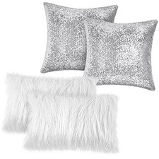 4 Pcs Pillow Covers 12" x 20" Pack of 4 White,silver Sequin and Fluffy