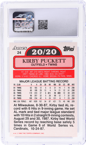 1989 Topps Kirby Puckett Ames 20/20 Club #24 CGC 8 - Picture 2 of 2