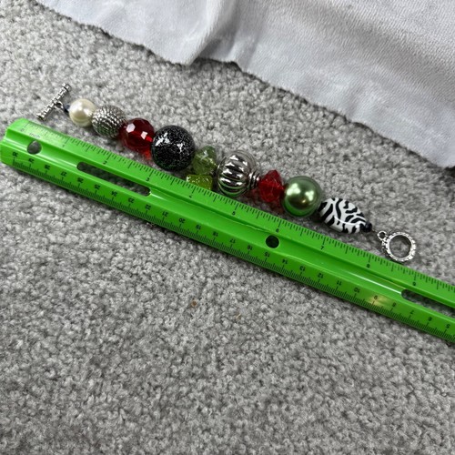 Beaded Christmas-Themed Bracelet Toggle Clasp Green Glitter Tree Charm Holiday - Picture 9 of 14
