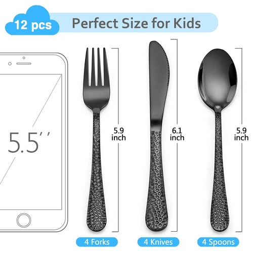 9-Piece Kids Black Silverware Set, Stainless Steel Toddler Utensils, Hammered... - Picture 2 of 7