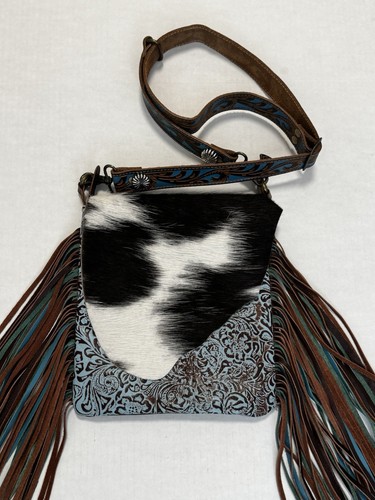 Myra Bag Concealed Carry Blue & Brown Embossed Crossbody Bag Hair On Hide - Picture 7 of 20