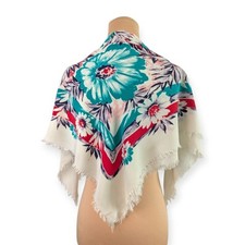 Vintage Turquoise  Red Florals Fringed Rayon Floral Scarf Shawl Western 28x32