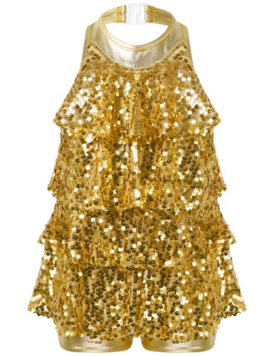 Niños Niñas Halter Cuello Brillante Lentejuelas Vestido en Niveles Moderno Jazz Ropa de Baile Latina - Imagen 3 de 60
