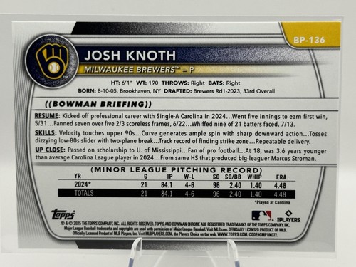 2025 Bowman #BP-136 Josh Knoth Prospects Blue Pattern #/125 - Picture 2 of 2