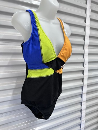 Vtg 80s 90s Sirena Multicolor Neon Color Block One Piece Swimsuit Deep V M/L - Picture 4 of 8