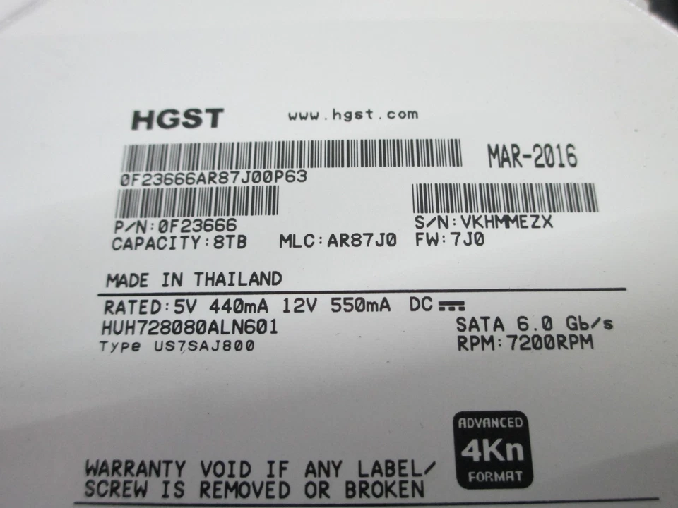 LOT-7 HGST 8TB HDD 7200RPM 6GB/S 0F23666 0F23666AR87J00P63 *READ* T5-C2 - Image 2 of 4