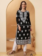 Black Modal Chikankari Straight Kurta, Lucknowi Chikan Hand-Embroidered Top
