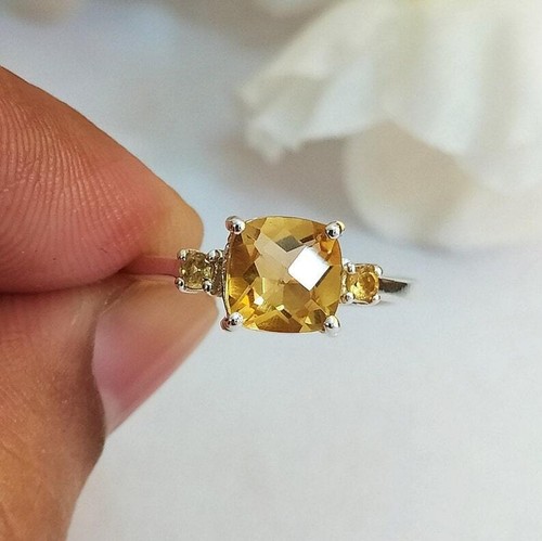 Natürlicher Citrin Drei Steine Ring 925 Sterling Silber Solitär Ehering h313