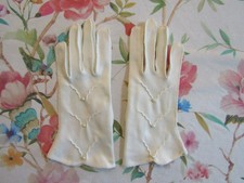 Vintage White Nylon Evening Gloves with Pearls---8.5" Bracelet Length  Size 7